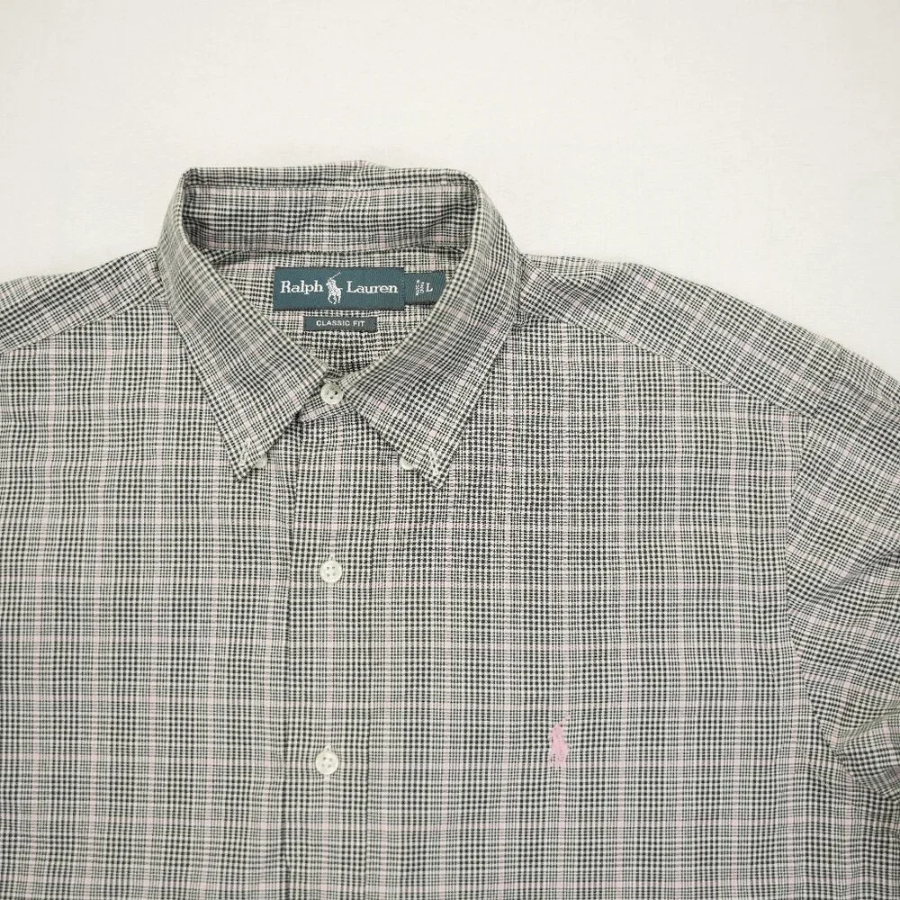 Ralph Lauren Shirt Mens Large Pink Black‎ Plaid Classic Fit Button Down Cotton